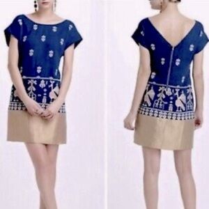 Anthropologie Floreat Avian Myth Shift Dress Teal Gold Embroidered Aztec Size 0